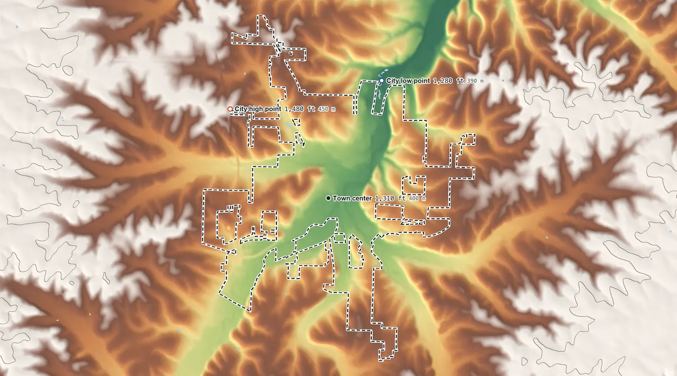 Topographic elevation map of Cassville, Missouri, shaded from 1,280 ft on the northeast side to 1,480 ft on the northwest side
