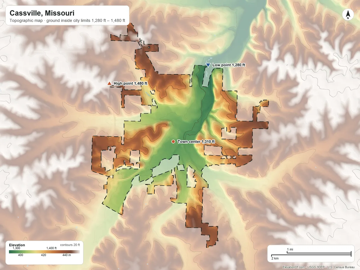 Topographic elevation map of Cassville, Missouri, shaded from 1,280 ft on the northeast side to 1,480 ft on the northwest side