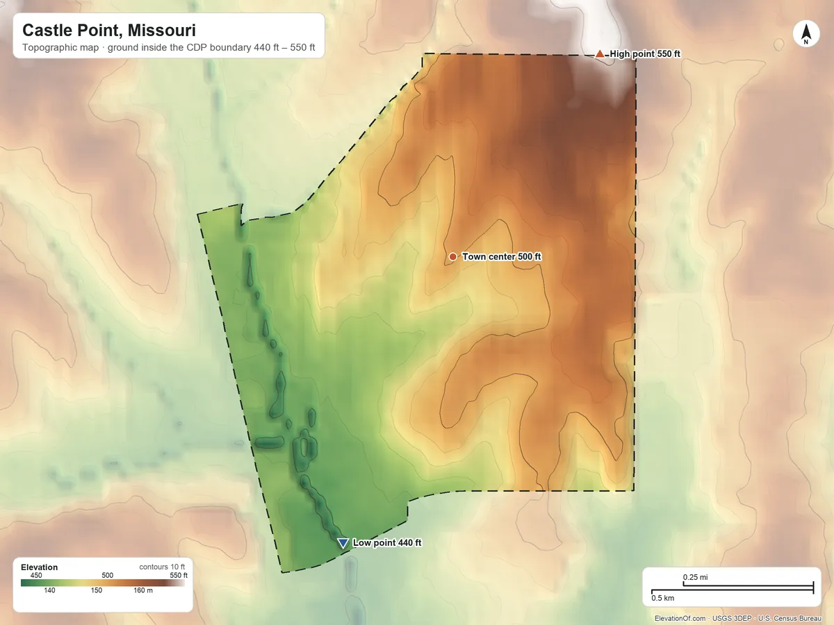 Topographic elevation map of Castle Point, Missouri, shaded from 440 ft on the south side to 550 ft on the northeast side