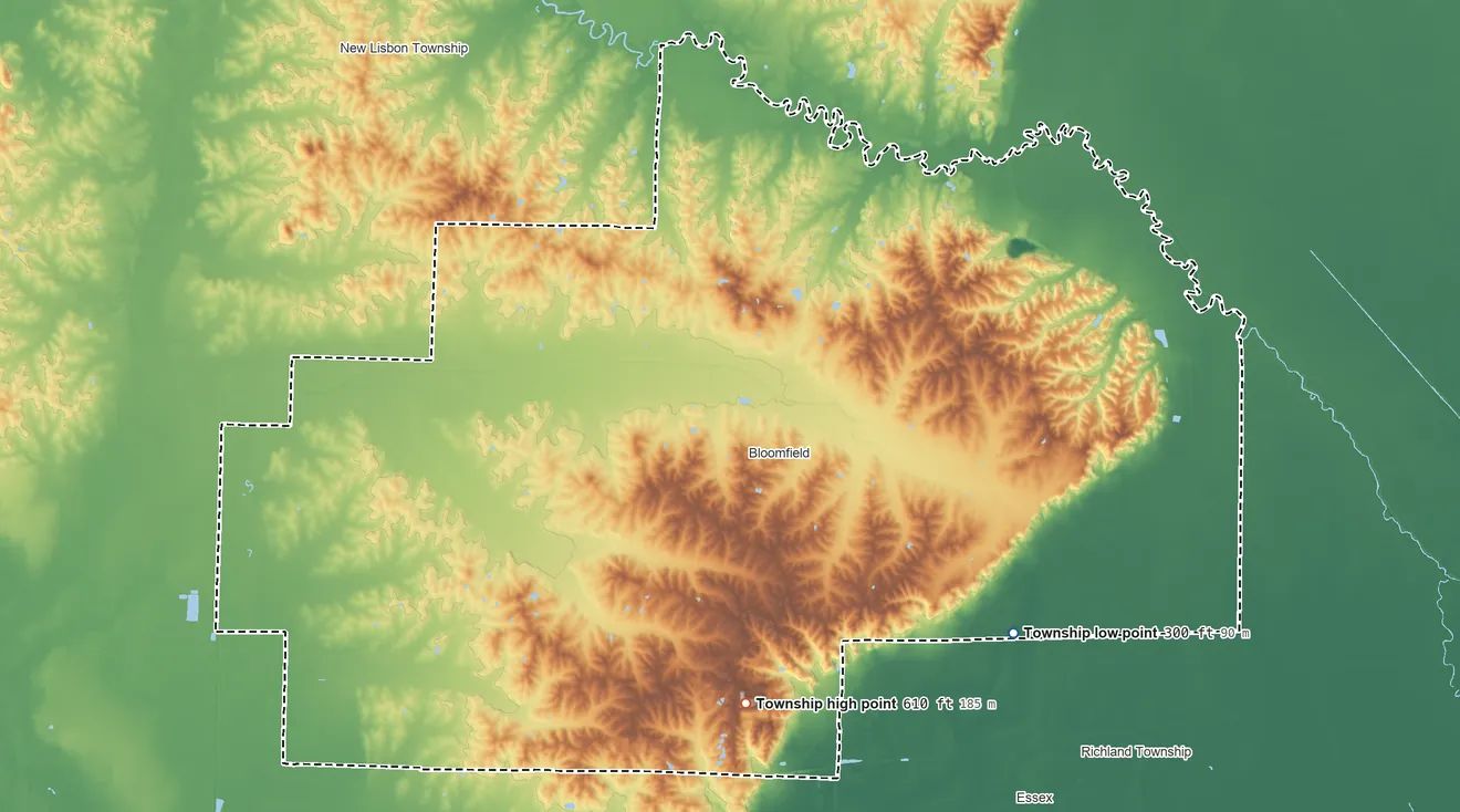 Topographic elevation map of Castor Township, Missouri, shaded from 300 ft on the southeast side to 610 ft on the south side