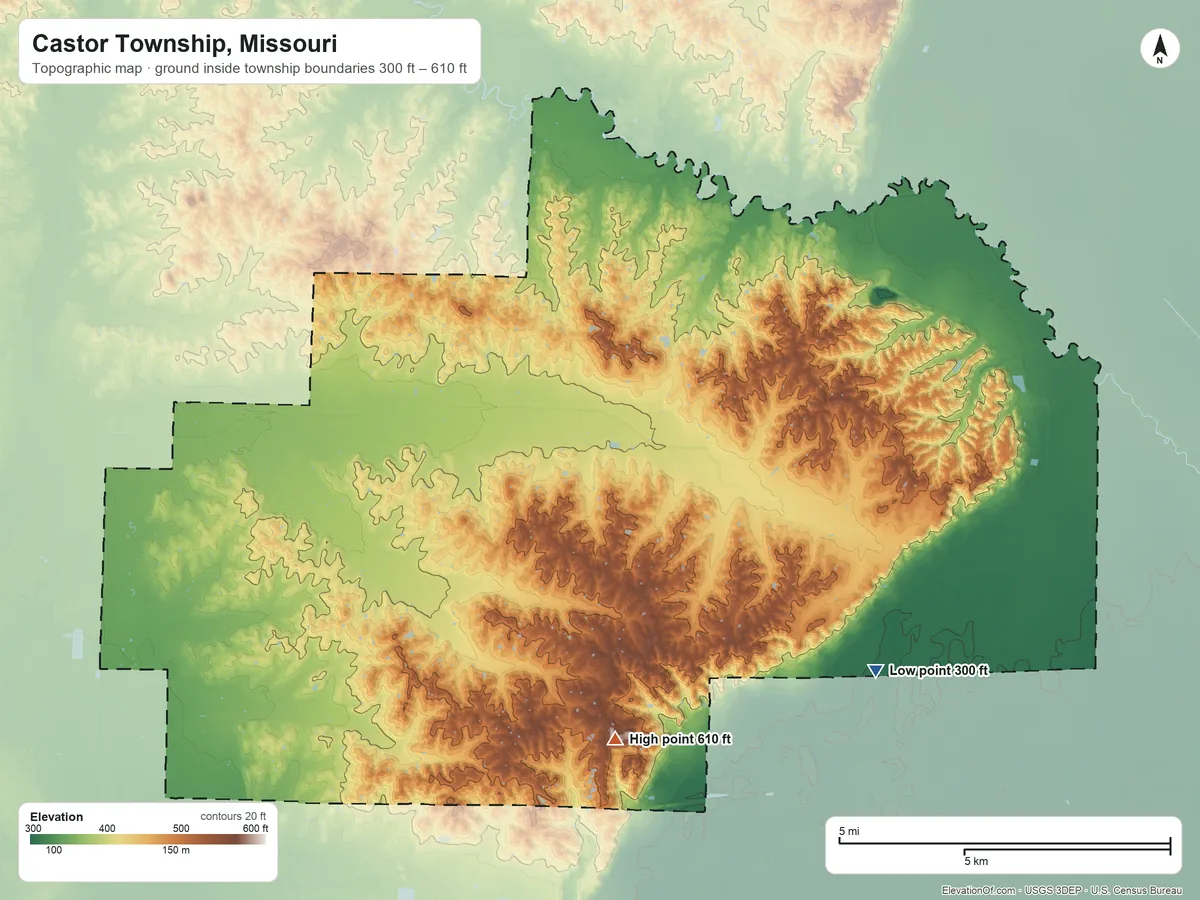 Topographic elevation map of Castor Township, Missouri, shaded from 300 ft on the southeast side to 610 ft on the south side