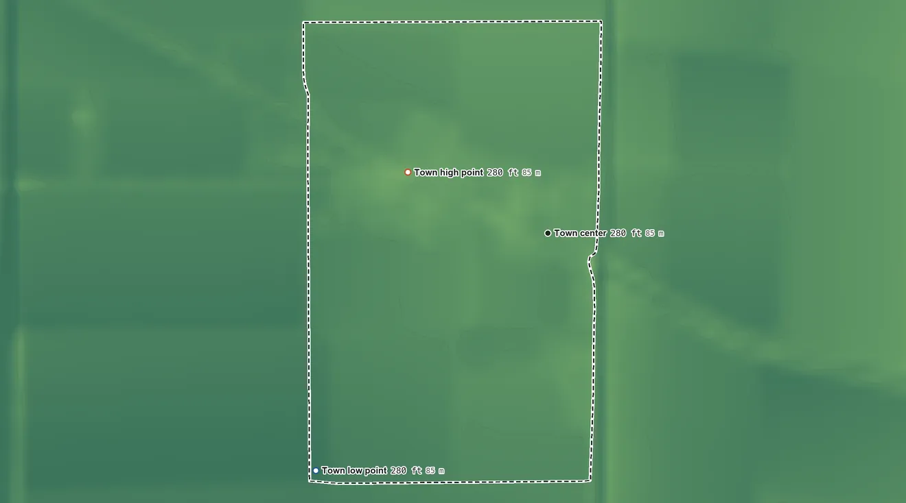 Topographic elevation map of Catron, Missouri, shaded from 280 ft on the southwest side to 280 ft on the northwest side