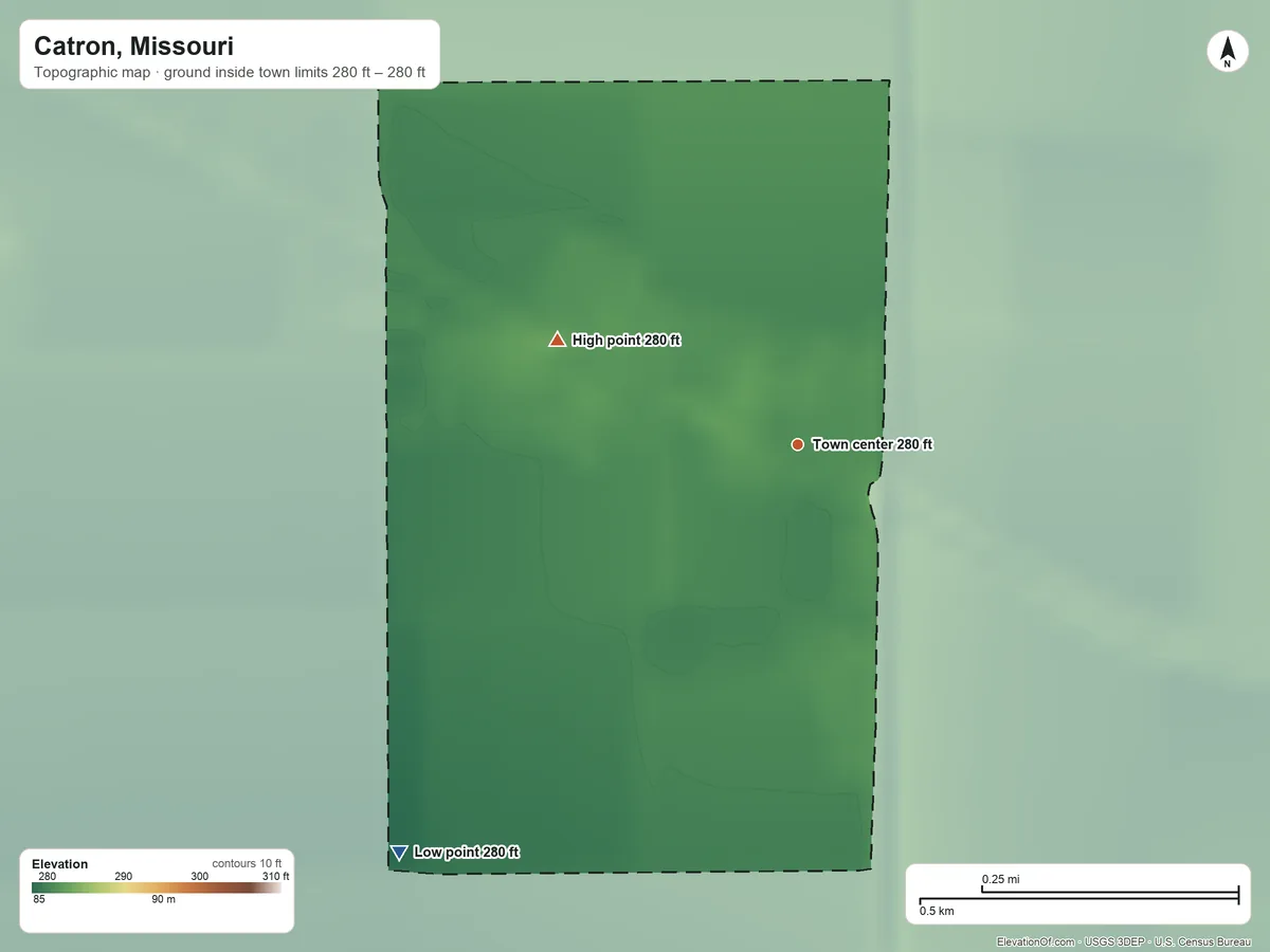 Topographic elevation map of Catron, Missouri, shaded from 280 ft on the southwest side to 280 ft on the northwest side