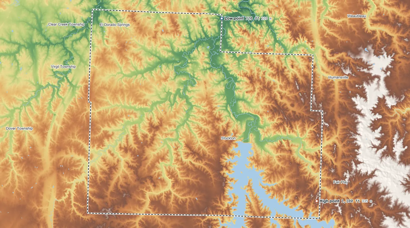 Topographic elevation map of Cedar County, Missouri, shaded from 720 ft on the north side to 1,100 ft on the southeast side