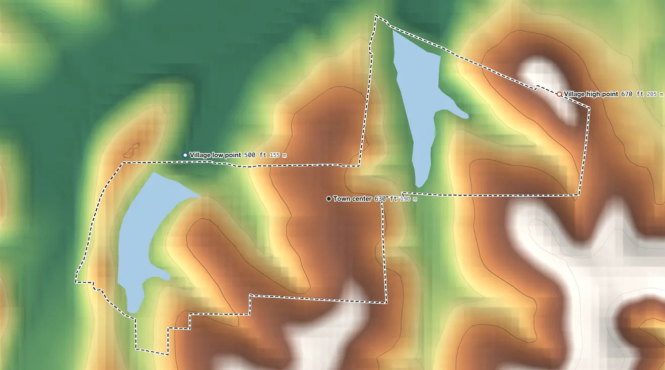 Topographic elevation map of Cedar Hill Lakes, Missouri, shaded from 500 ft on the west side to 670 ft on the northeast side