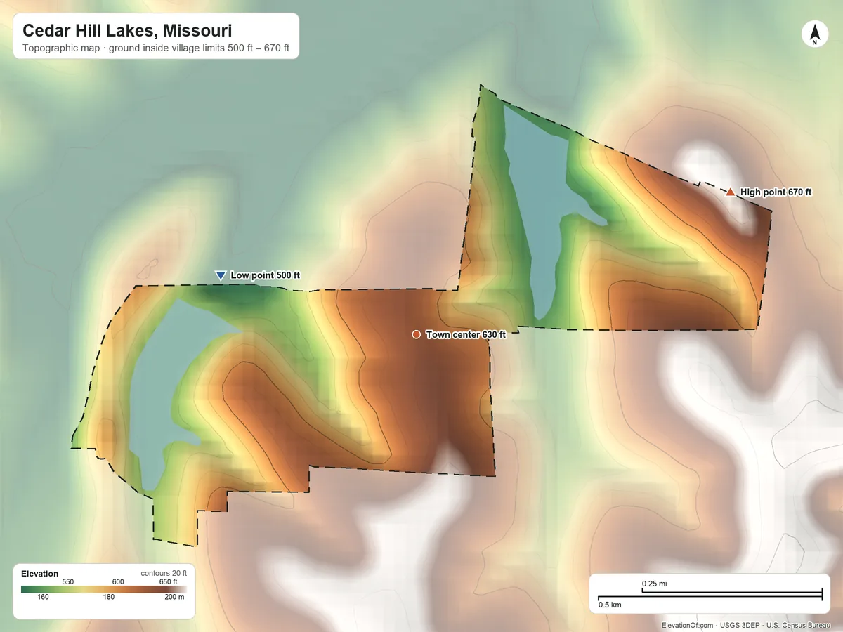 Topographic elevation map of Cedar Hill Lakes, Missouri, shaded from 500 ft on the west side to 670 ft on the northeast side
