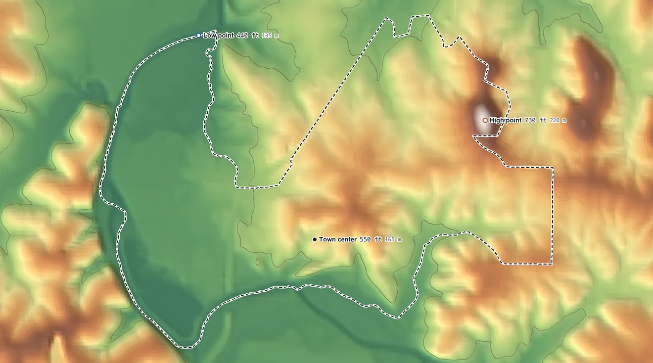 Topographic elevation map of Cedar Hill, Missouri, shaded from 440 ft on the northwest side to 730 ft on the northeast side