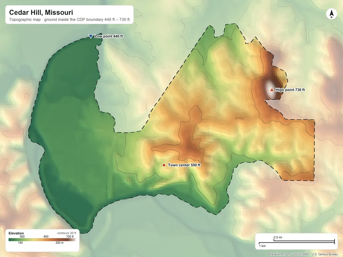Topographic elevation map of Cedar Hill, Missouri, shaded from 440 ft on the northwest side to 730 ft on the northeast side