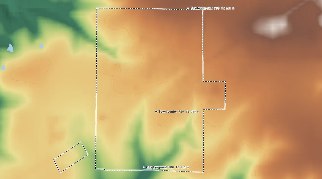 Topographic elevation map of Center, Missouri, shaded from 700 ft on the south side to 730 ft on the north side