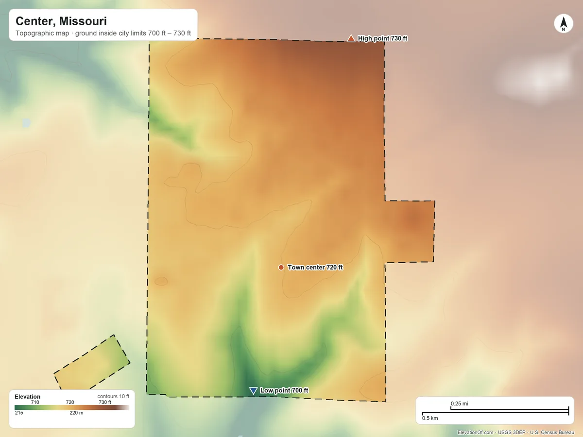 Topographic elevation map of Center, Missouri, shaded from 700 ft on the south side to 730 ft on the north side