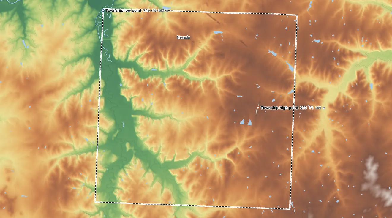 Topographic elevation map of Center Township, Missouri, shaded from 740 ft on the northwest side to 920 ft on the southeast side