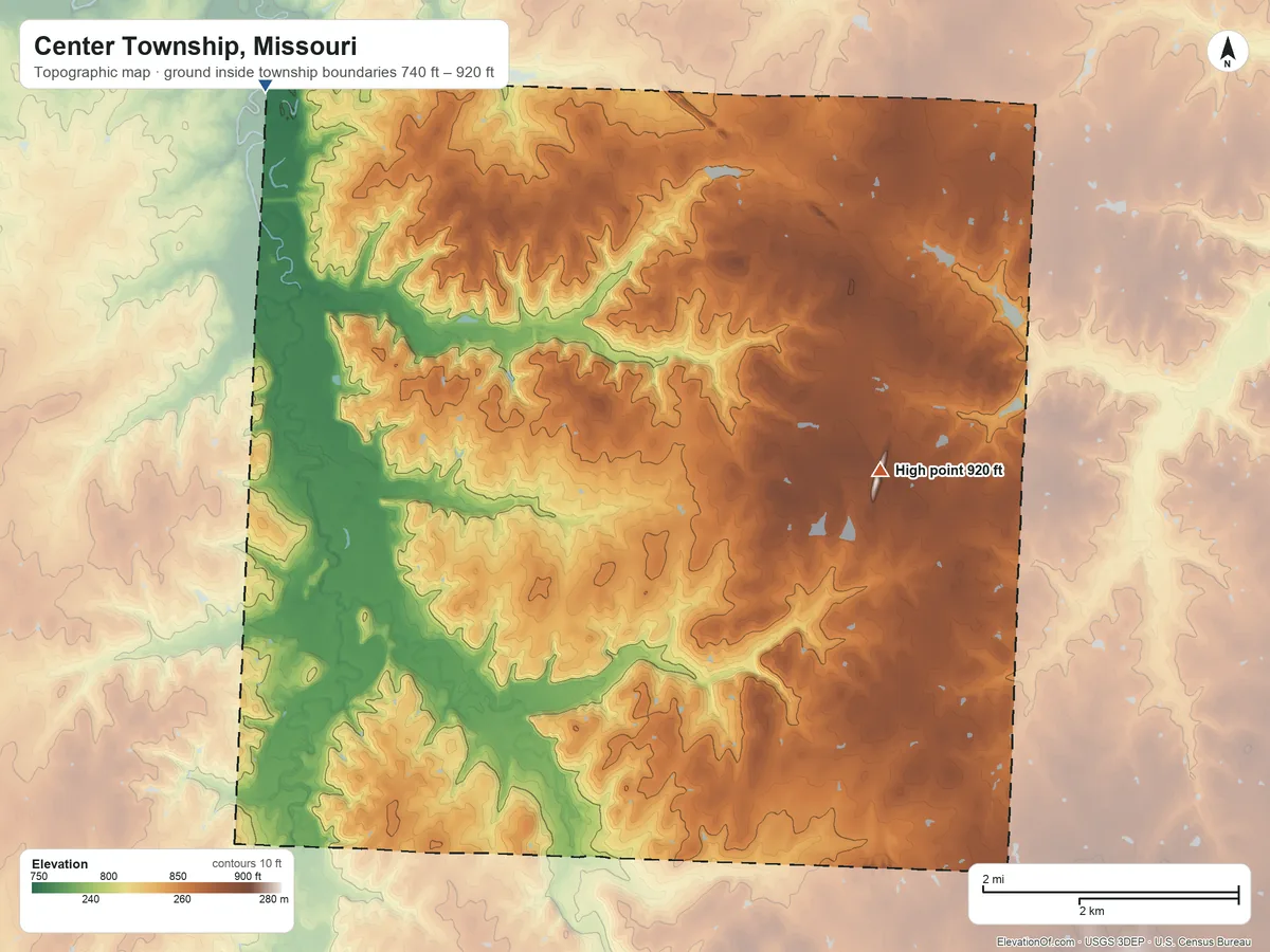 Topographic elevation map of Center Township, Missouri, shaded from 740 ft on the northwest side to 920 ft on the southeast side