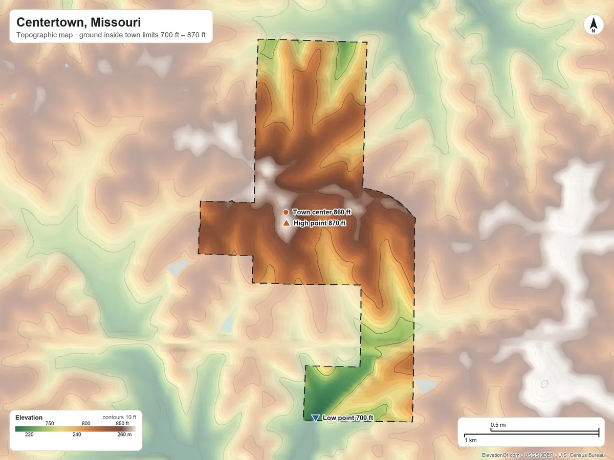 Topographic elevation map of Centertown, Missouri, shaded from 700 ft on the south side to 870 ft near the middle