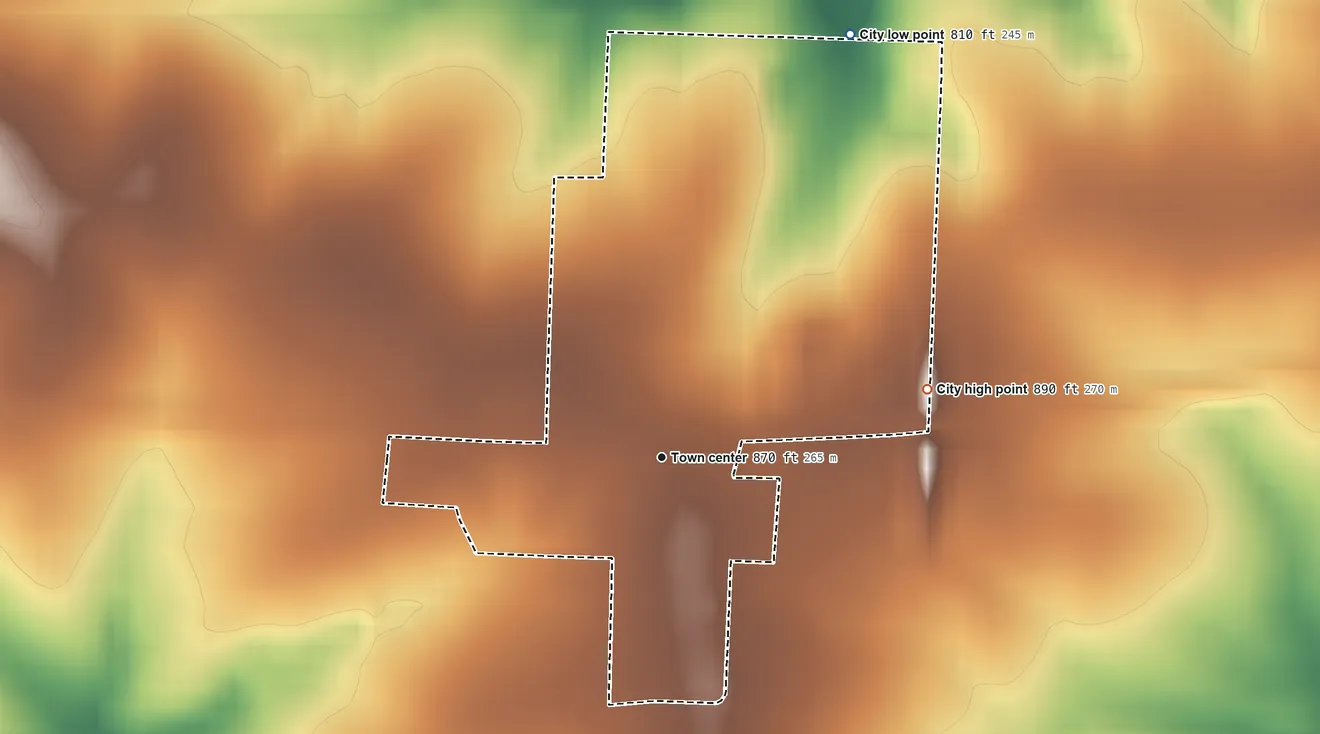 Topographic elevation map of Centerview, Missouri, shaded from 810 ft on the northeast side to 890 ft on the east side