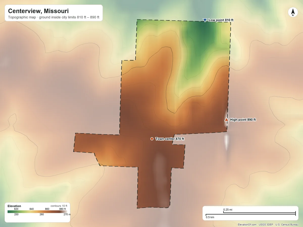 Topographic elevation map of Centerview, Missouri, shaded from 810 ft on the northeast side to 890 ft on the east side
