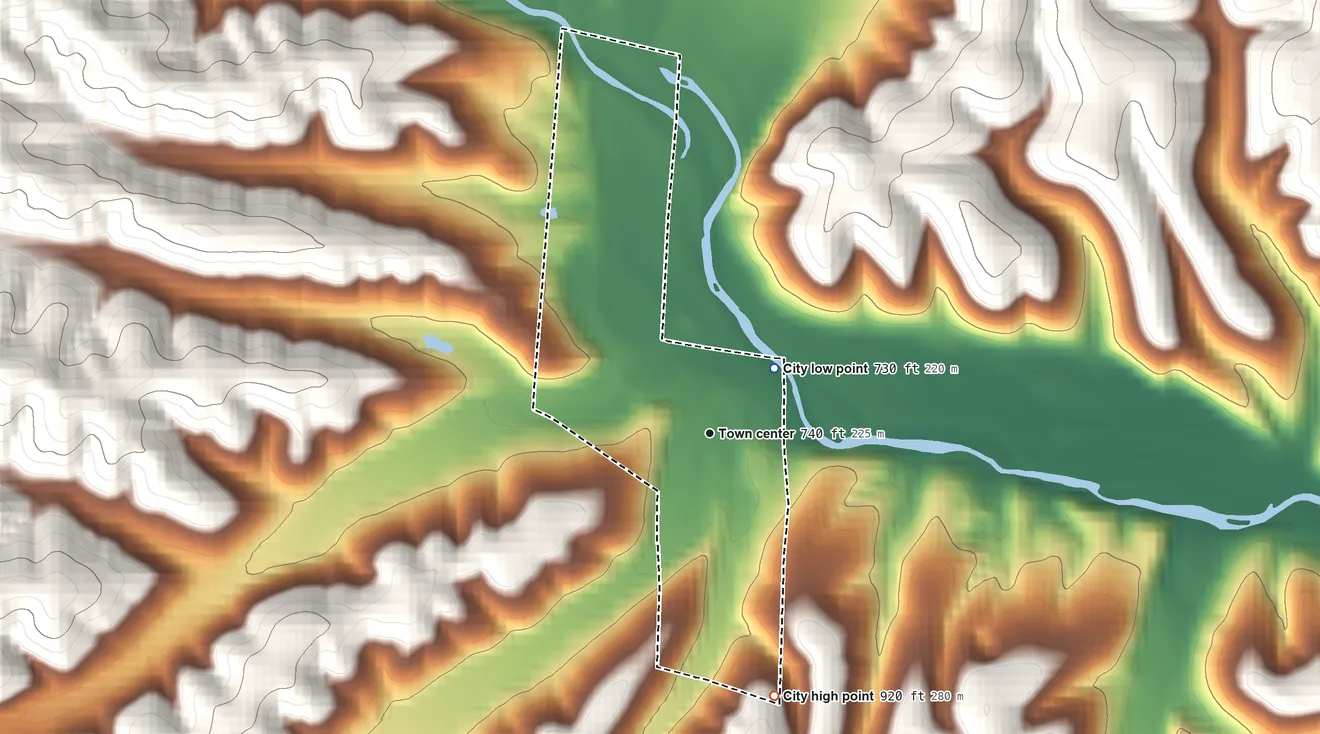 Topographic elevation map of Centerville, Missouri, shaded from 730 ft on the northeast side to 920 ft on the south side