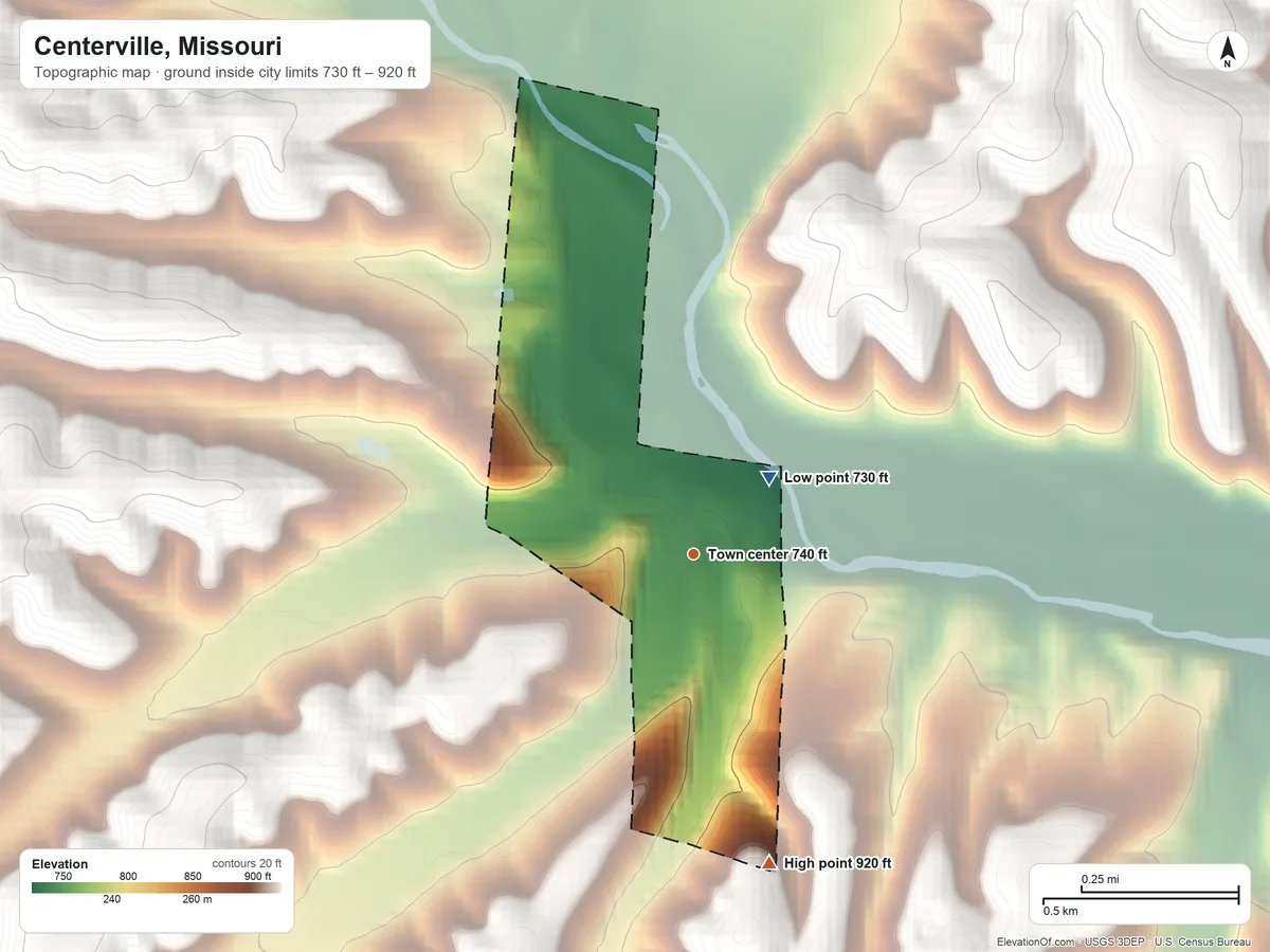 Topographic elevation map of Centerville, Missouri, shaded from 730 ft on the northeast side to 920 ft on the south side