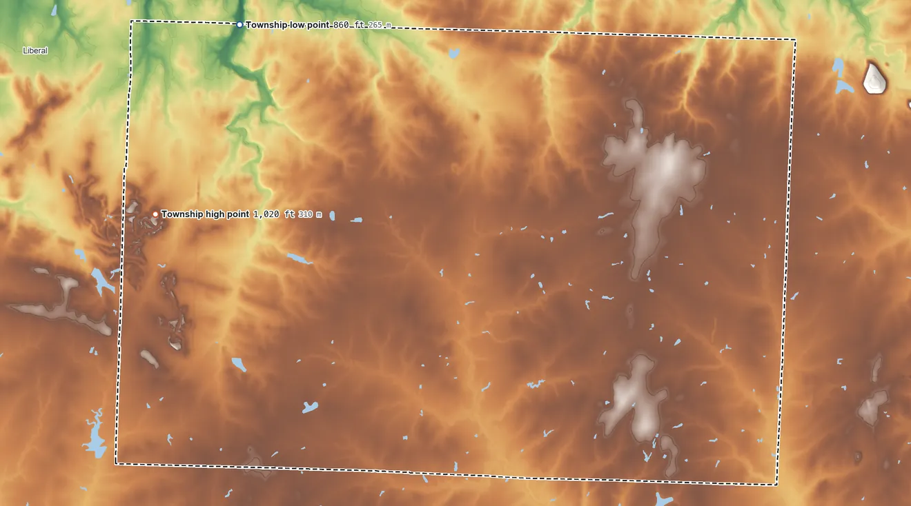 Topographic elevation map of Central Township, Missouri, shaded from 860 ft on the northwest side to 1,020 ft on the west side