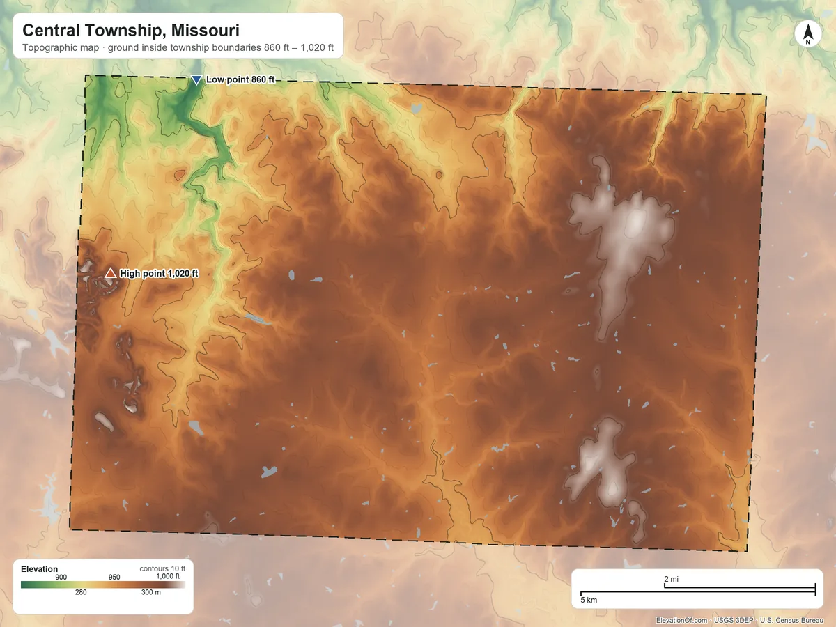 Topographic elevation map of Central Township, Missouri, shaded from 860 ft on the northwest side to 1,020 ft on the west side