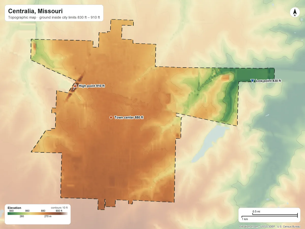 Topographic elevation map of Centralia, Missouri, shaded from 830 ft on the east side to 910 ft on the northwest side