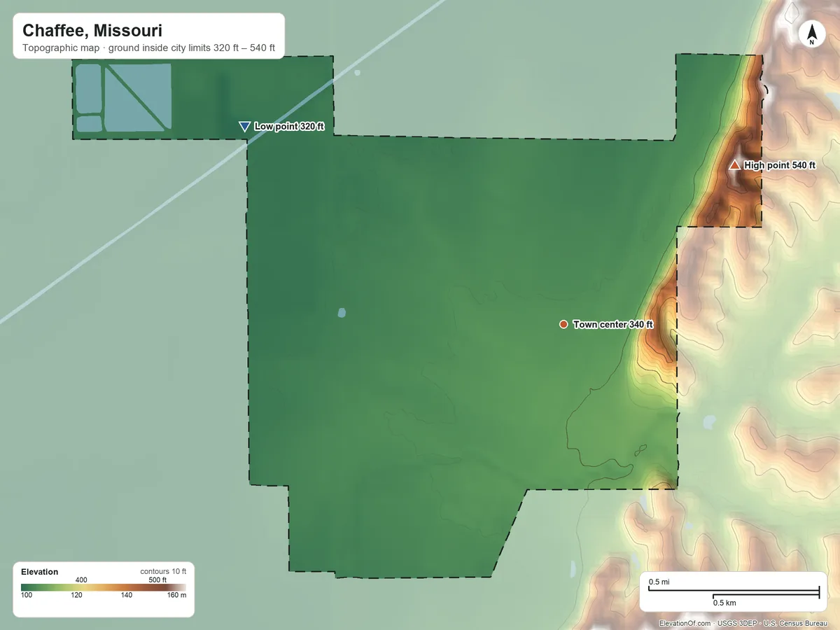 Topographic elevation map of Chaffee, Missouri, shaded from 320 ft on the northwest side to 540 ft on the northeast side