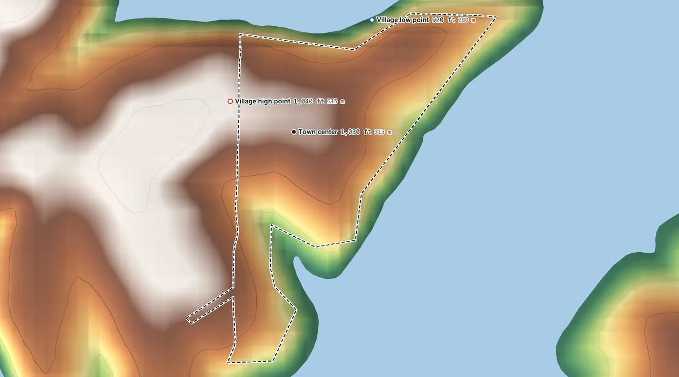 Topographic elevation map of Chain-O-Lakes, Missouri, shaded from 920 ft on the northeast side to 1,040 ft on the northwest side