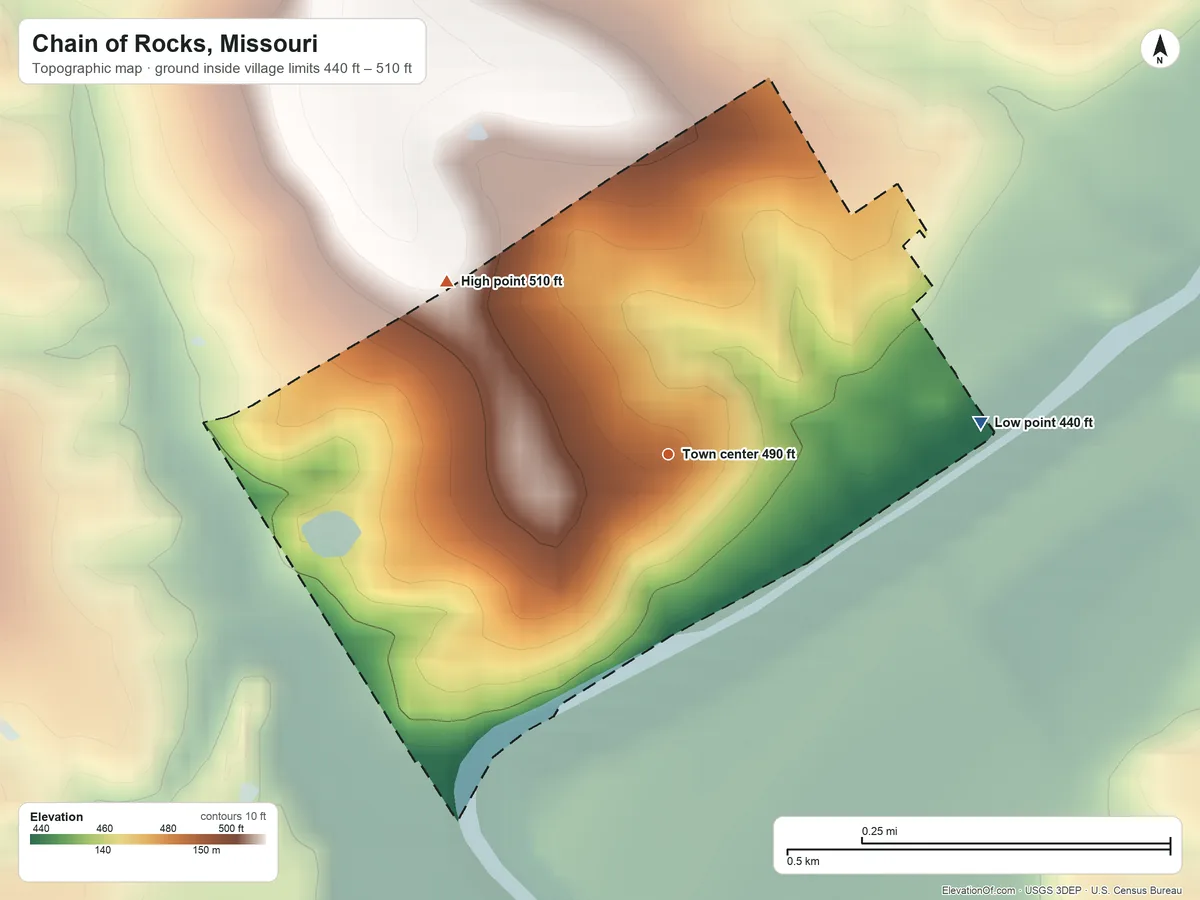 Topographic elevation map of Chain of Rocks, Missouri, shaded from 440 ft on the east side to 510 ft on the northwest side