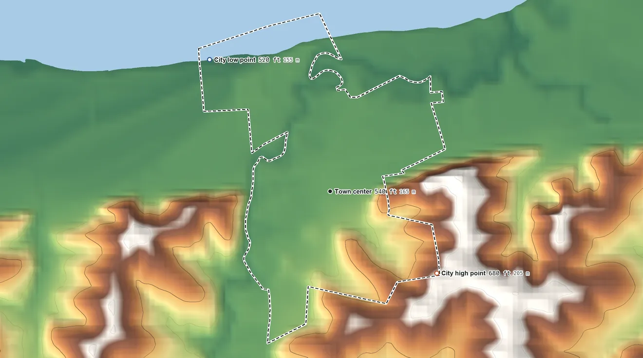 Topographic elevation map of Chamois, Missouri, shaded from 520 ft on the northwest side to 680 ft on the southeast side