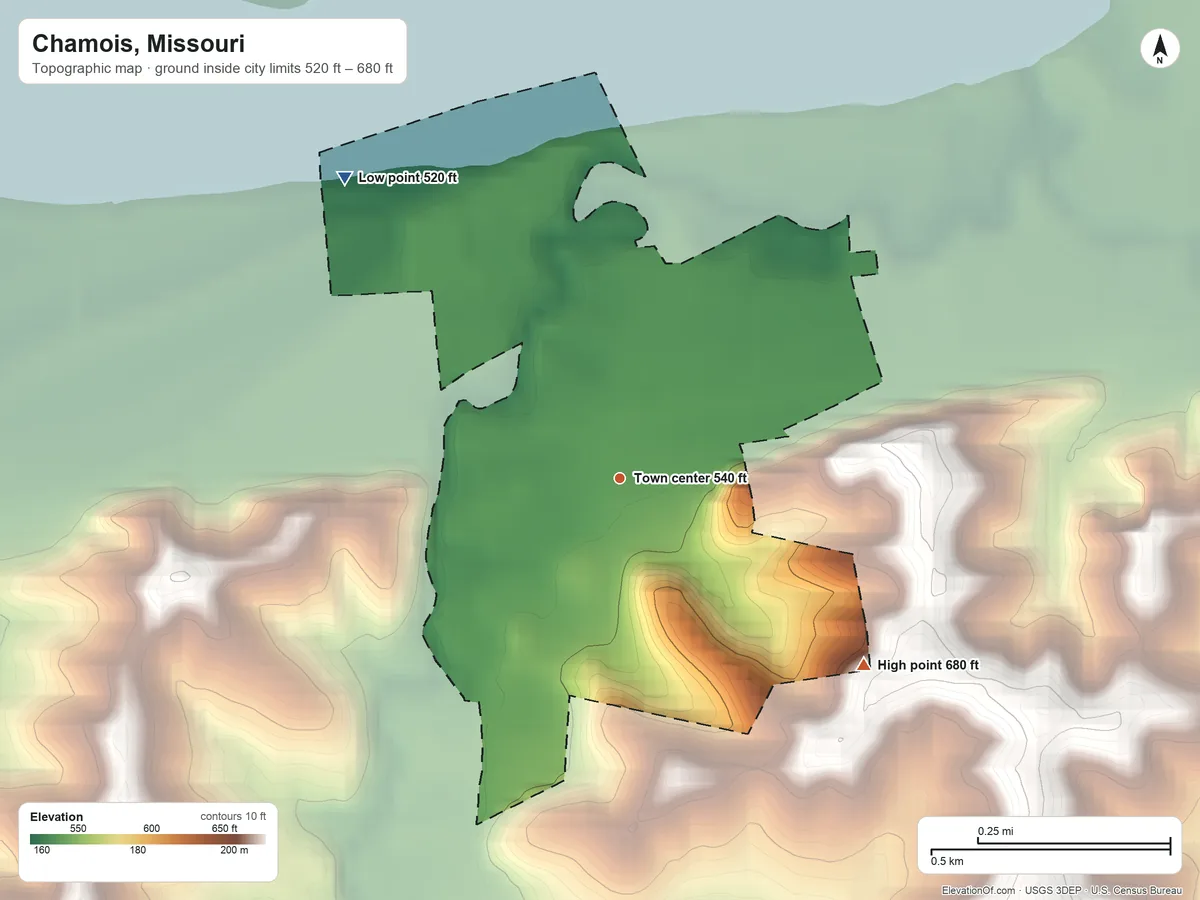 Topographic elevation map of Chamois, Missouri, shaded from 520 ft on the northwest side to 680 ft on the southeast side
