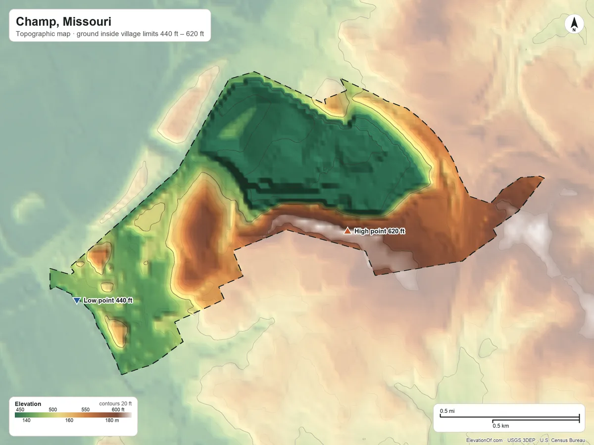 Topographic elevation map of Champ, Missouri, shaded from 440 ft on the southwest side to 620 ft on the east side