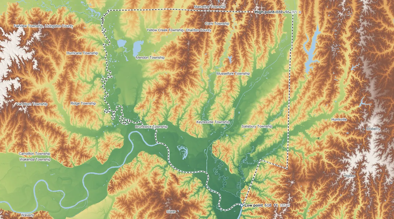 Topographic elevation map of Chariton County, Missouri, shaded from 610 ft on the southeast side to 880 ft on the northeast side