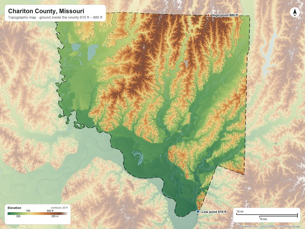 Topographic elevation map of Chariton County, Missouri, shaded from 610 ft on the southeast side to 880 ft on the northeast side