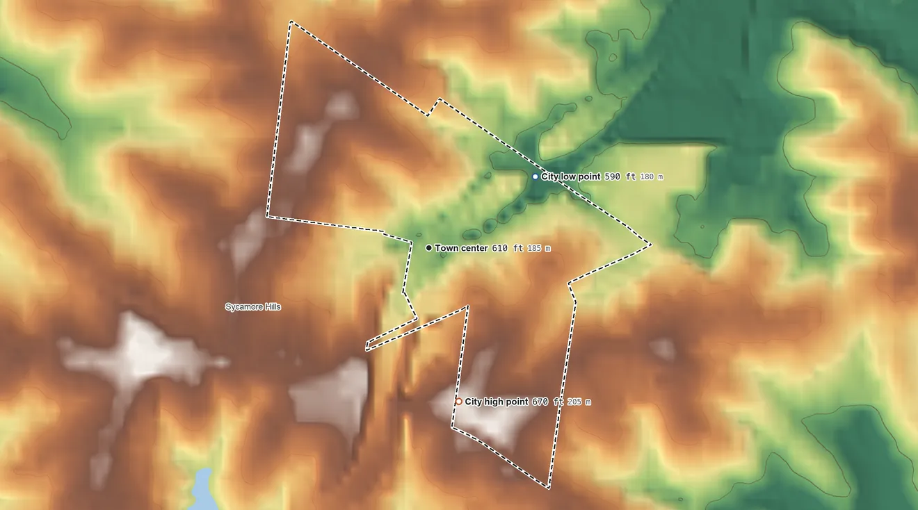 Topographic elevation map of Charlack, Missouri, shaded from 590 ft on the northeast side to 670 ft on the south side
