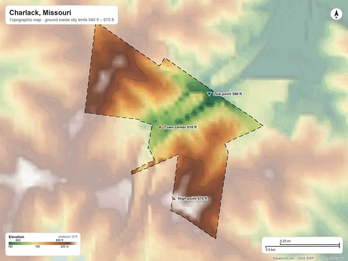 Topographic elevation map of Charlack, Missouri, shaded from 590 ft on the northeast side to 670 ft on the south side