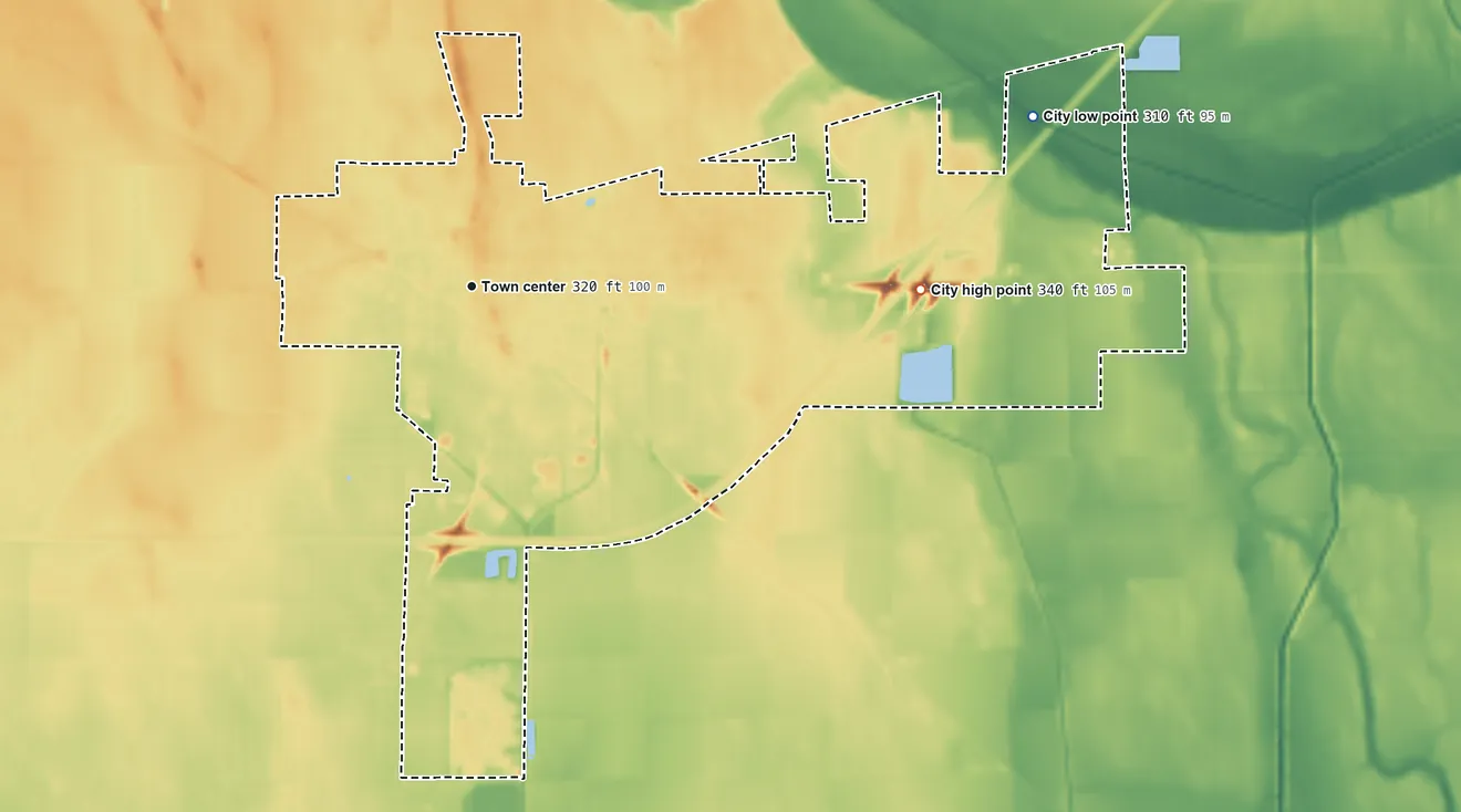 Topographic elevation map of Charleston, Missouri, shaded from 310 ft on the east side to 340 ft on the east side
