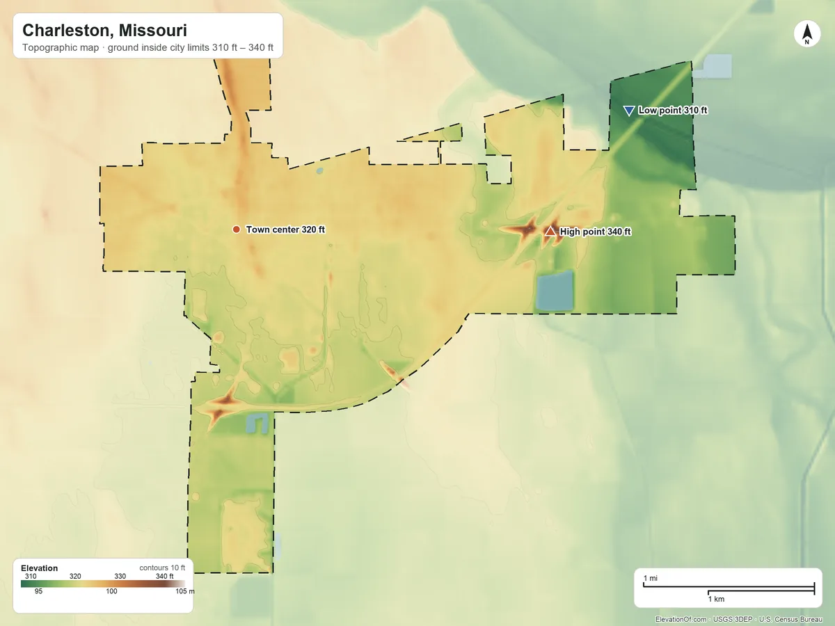 Topographic elevation map of Charleston, Missouri, shaded from 310 ft on the east side to 340 ft on the east side