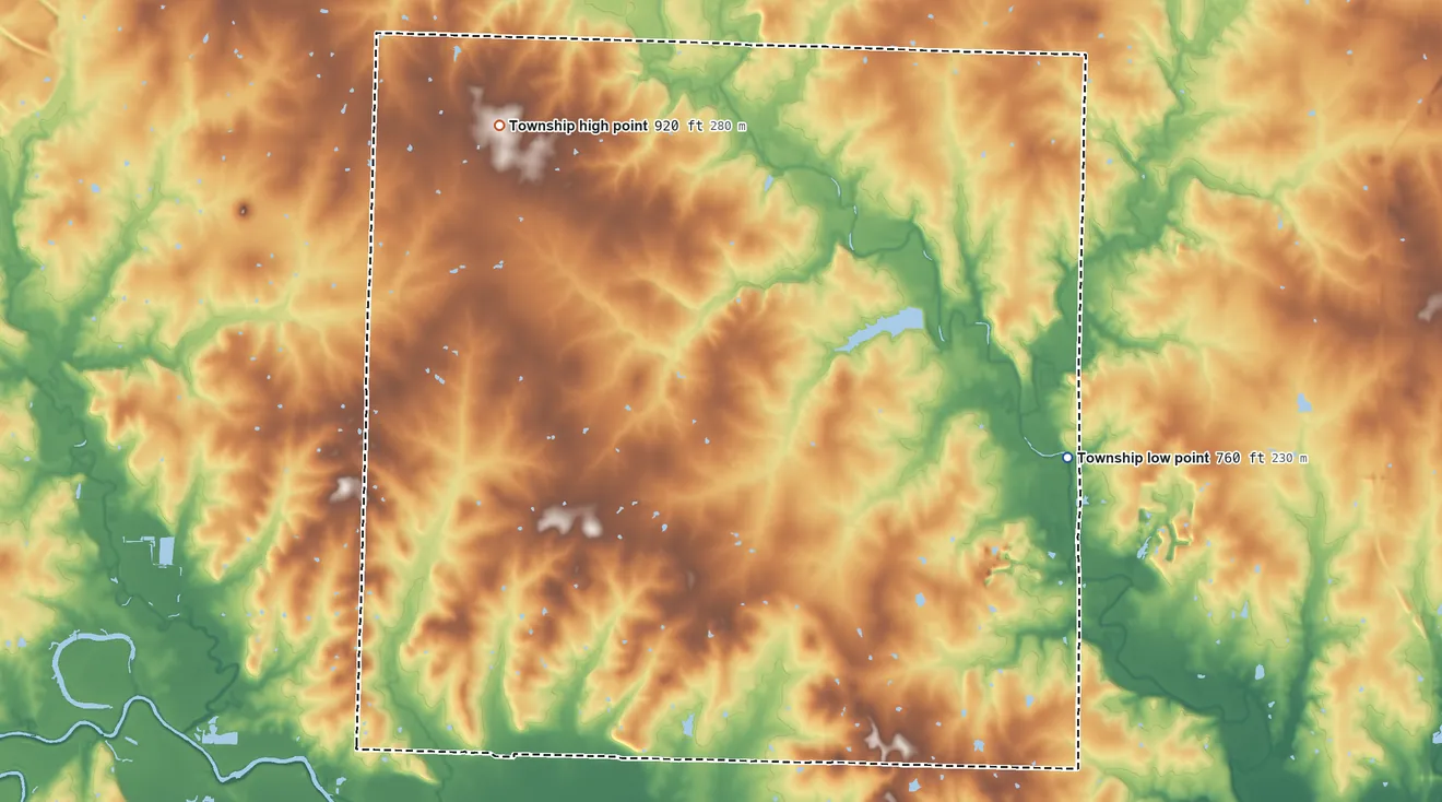 Topographic elevation map of Charlotte Township, Missouri, shaded from 760 ft on the east side to 920 ft on the northwest side