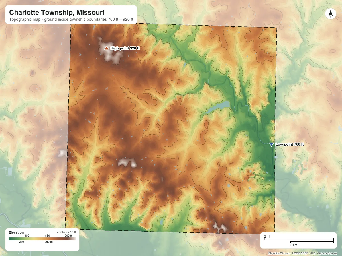Topographic elevation map of Charlotte Township, Missouri, shaded from 760 ft on the east side to 920 ft on the northwest side