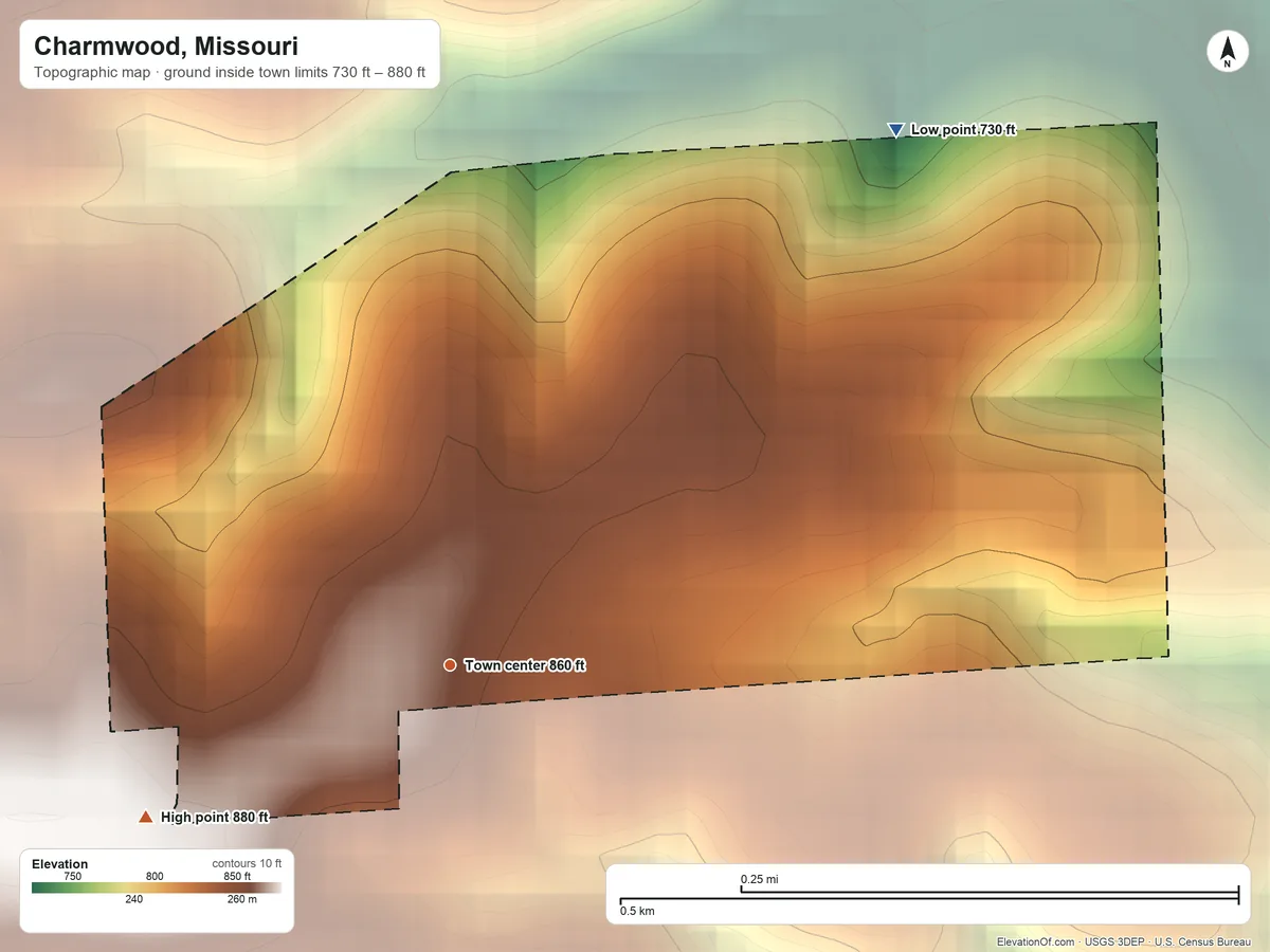 Topographic elevation map of Charmwood, Missouri, shaded from 730 ft on the northeast side to 880 ft on the southwest side