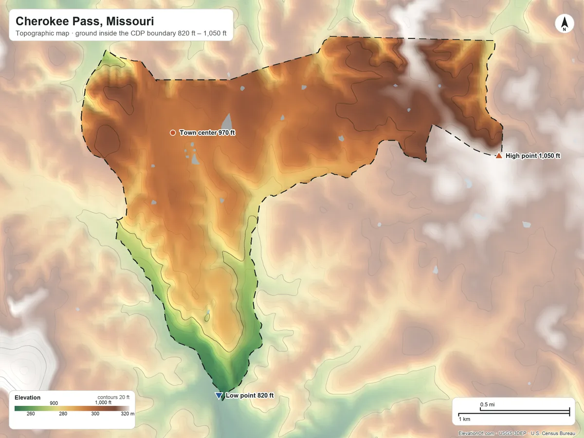 Topographic elevation map of Cherokee Pass, Missouri, shaded from 820 ft on the south side to 1,050 ft on the east side