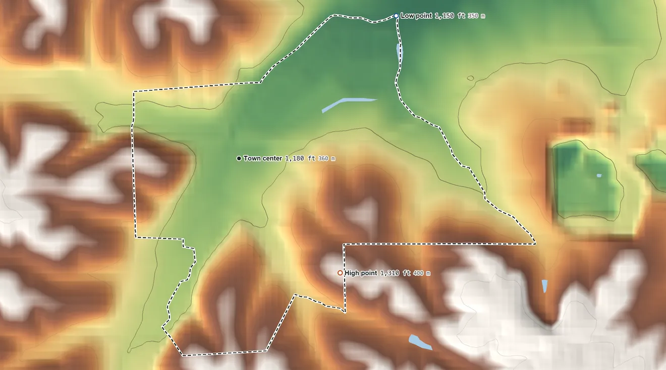 Topographic elevation map of Chesapeake, Missouri, shaded from 1,150 ft on the northeast side to 1,310 ft on the southeast side