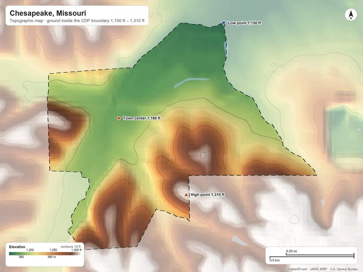 Topographic elevation map of Chesapeake, Missouri, shaded from 1,150 ft on the northeast side to 1,310 ft on the southeast side