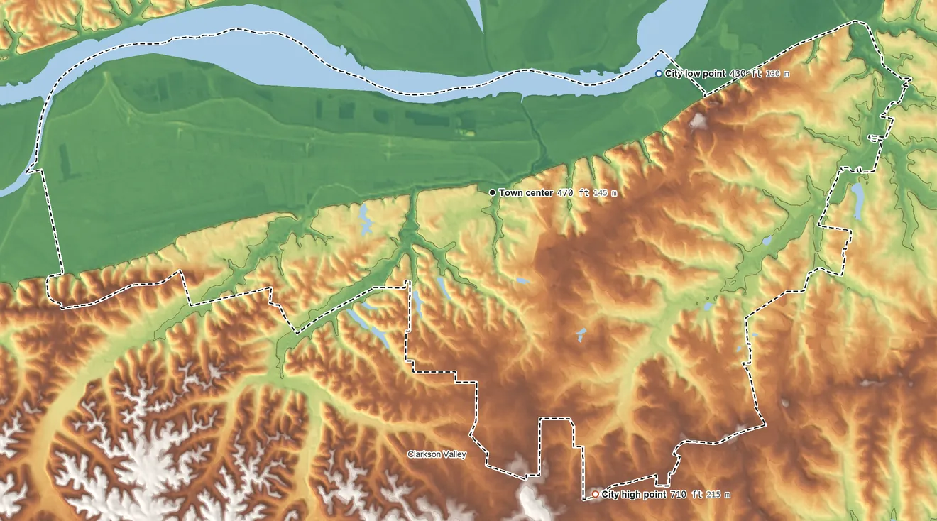 Topographic elevation map of Chesterfield, Missouri, shaded from 430 ft on the northeast side to 710 ft on the south side