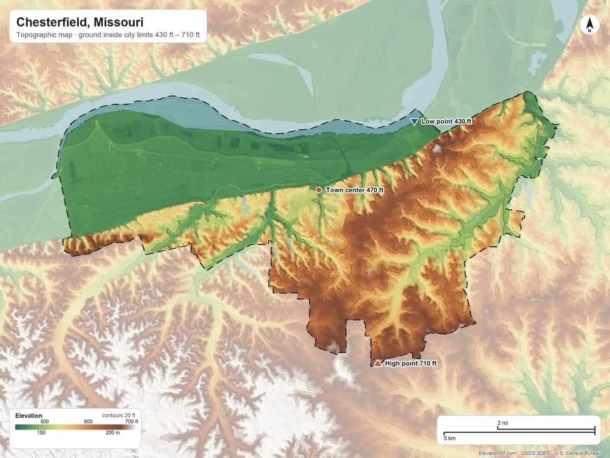 Topographic elevation map of Chesterfield, Missouri, shaded from 430 ft on the northeast side to 710 ft on the south side