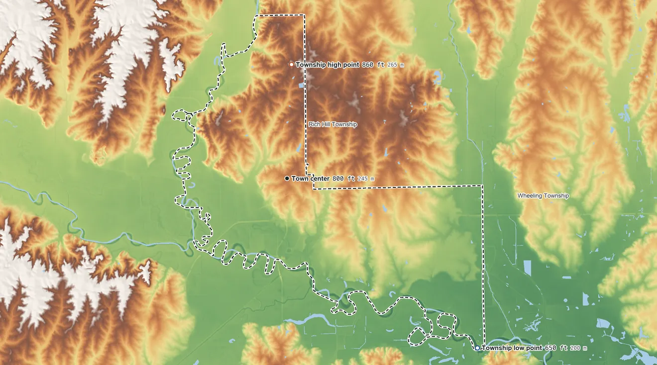Topographic elevation map of Chillicothe Township, Missouri, shaded from 650 ft on the southeast side to 860 ft on the north side