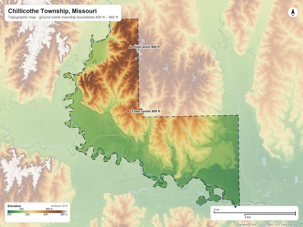 Topographic elevation map of Chillicothe Township, Missouri, shaded from 650 ft on the southeast side to 860 ft on the north side