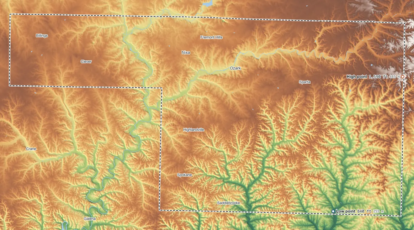 Topographic elevation map of Christian County, Missouri, shaded from 840 ft on the southeast side to 1,590 ft on the east side