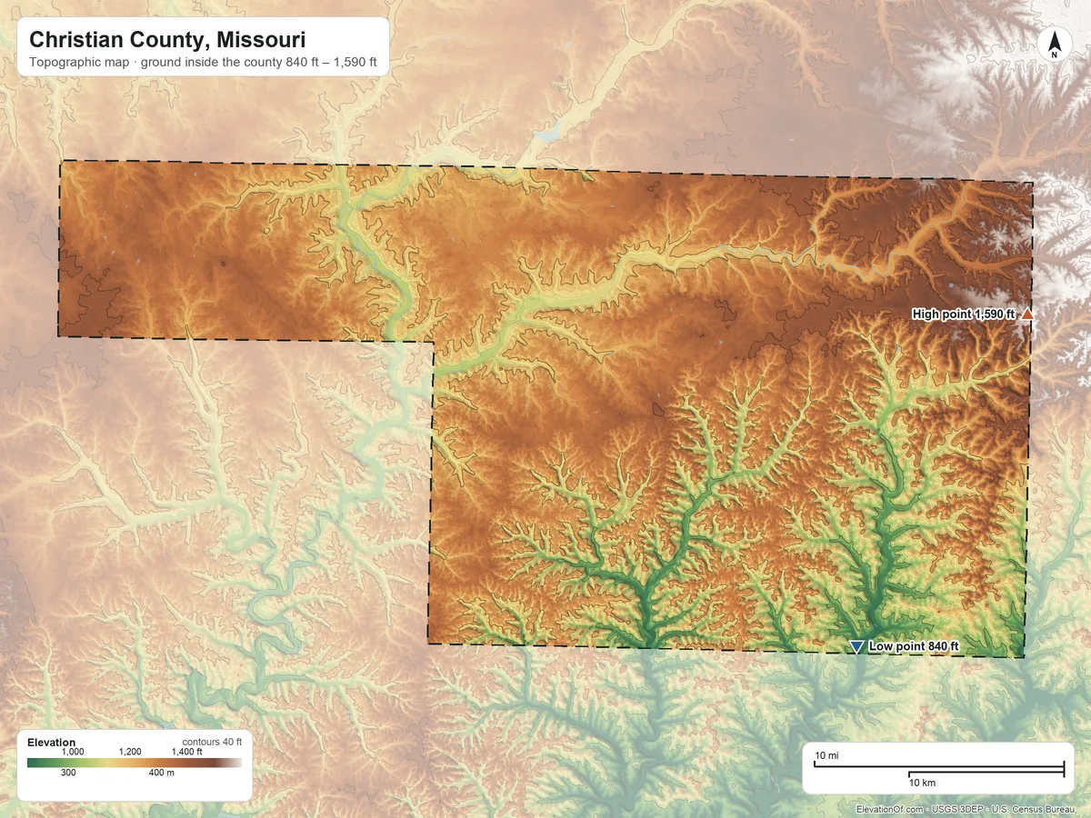 Topographic elevation map of Christian County, Missouri, shaded from 840 ft on the southeast side to 1,590 ft on the east side