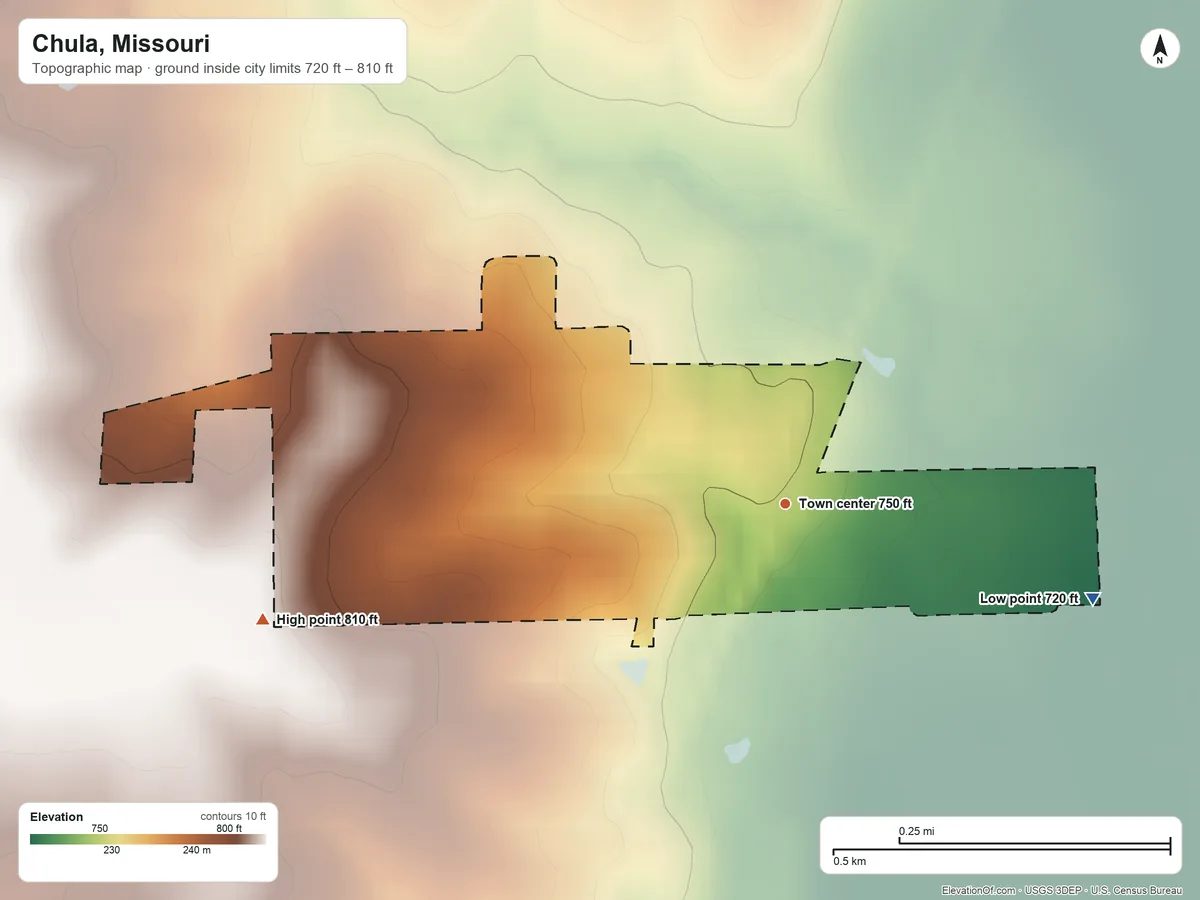 Topographic elevation map of Chula, Missouri, shaded from 720 ft on the east side to 810 ft on the west side