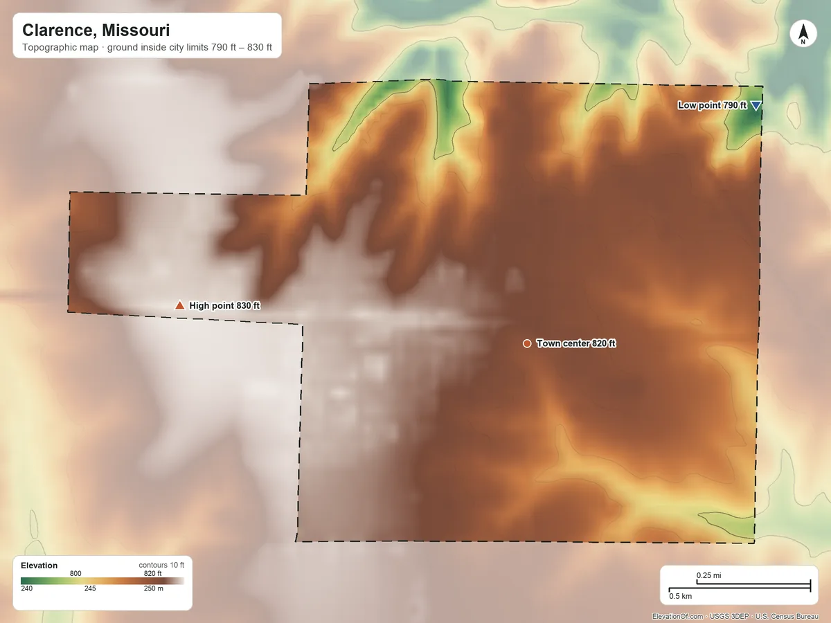 Topographic elevation map of Clarence, Missouri, shaded from 790 ft on the northeast side to 830 ft on the west side